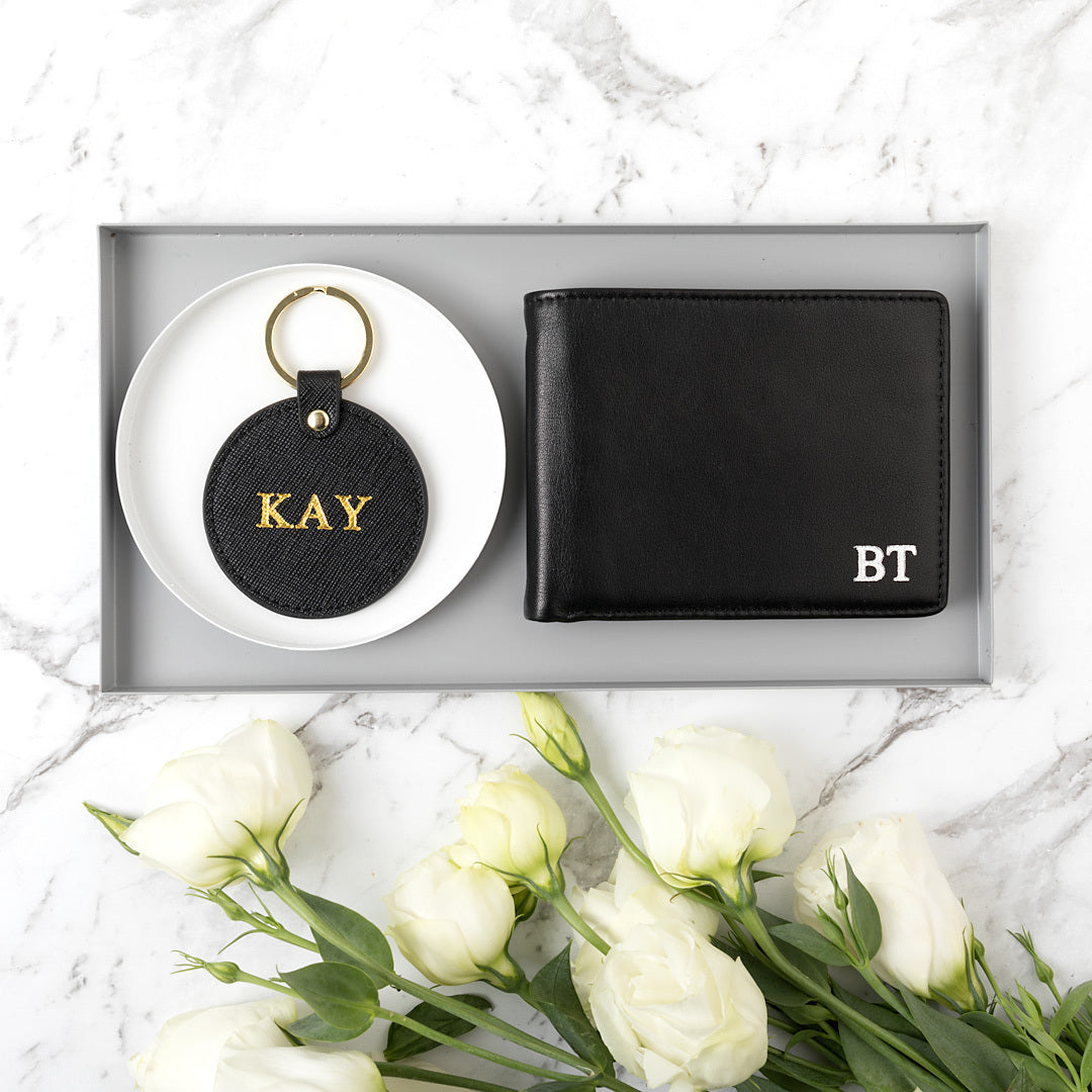 Men's personalised leather wallet and keyring monogrammed with initials ...